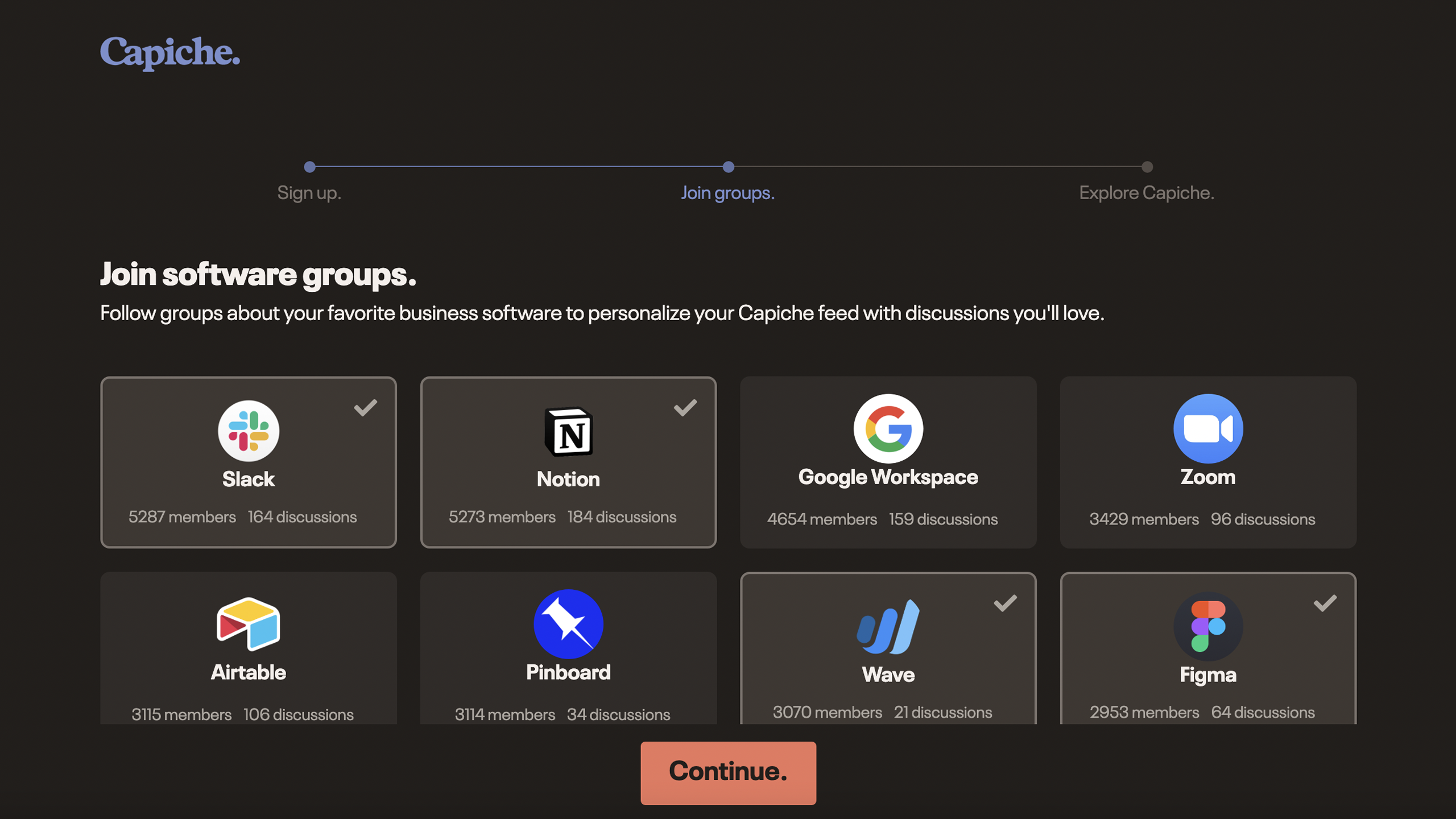 Capiche onboarding step for joining software groups like Slack, Notion, and Figma