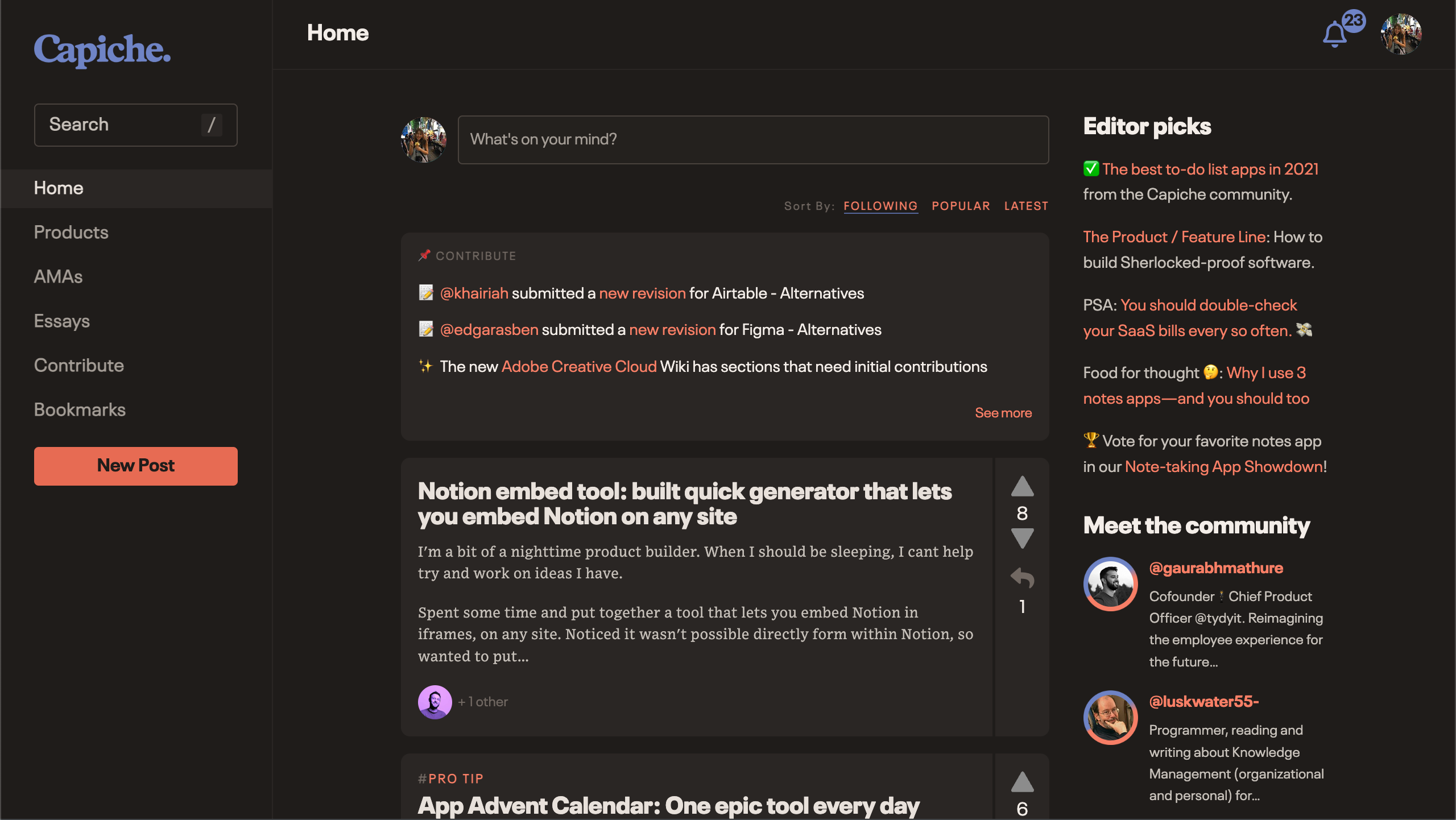 Capiche home feed with contribution prompts, posts, and editor picks