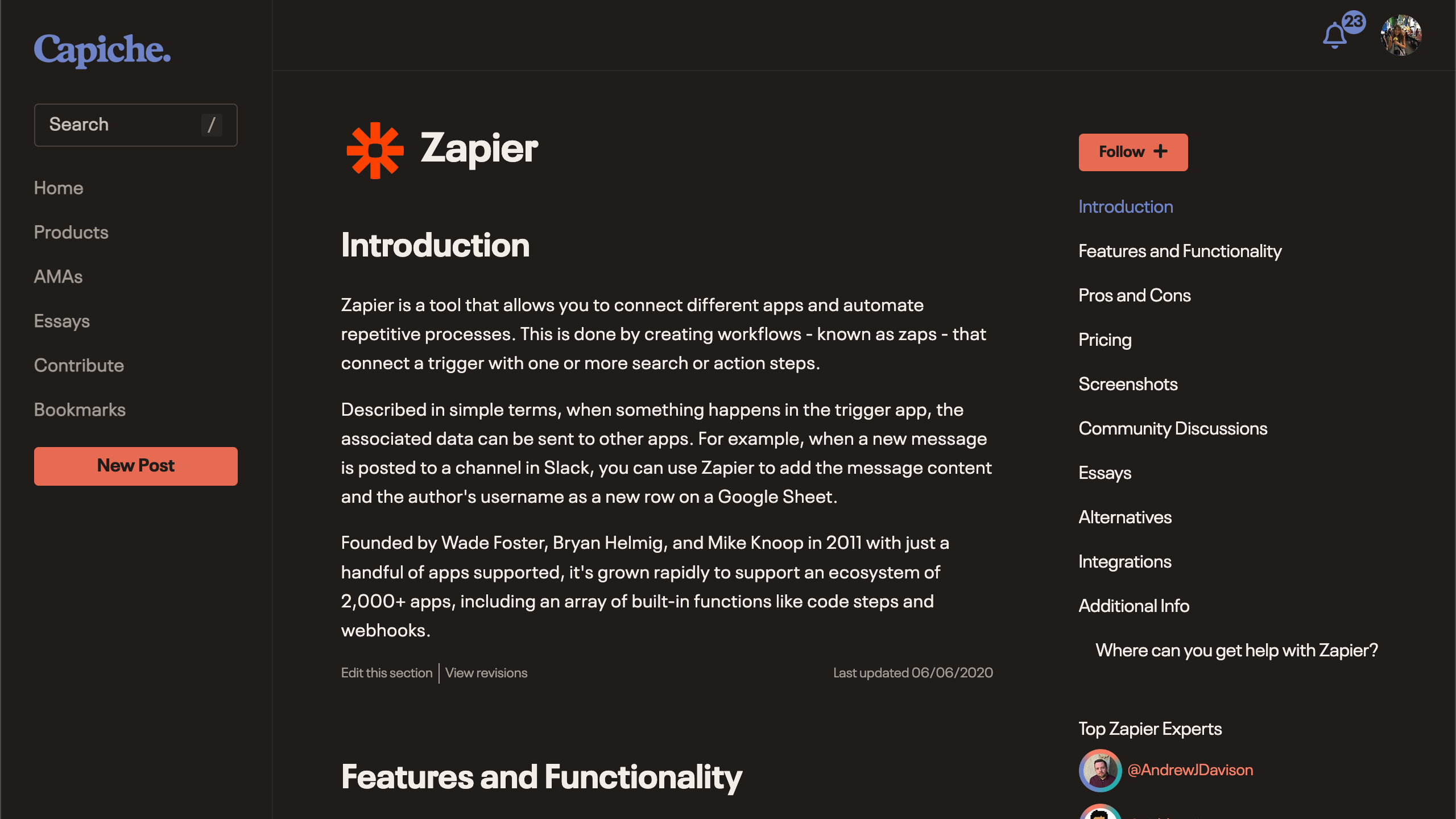 Capiche product wiki page for Zapier with section navigation