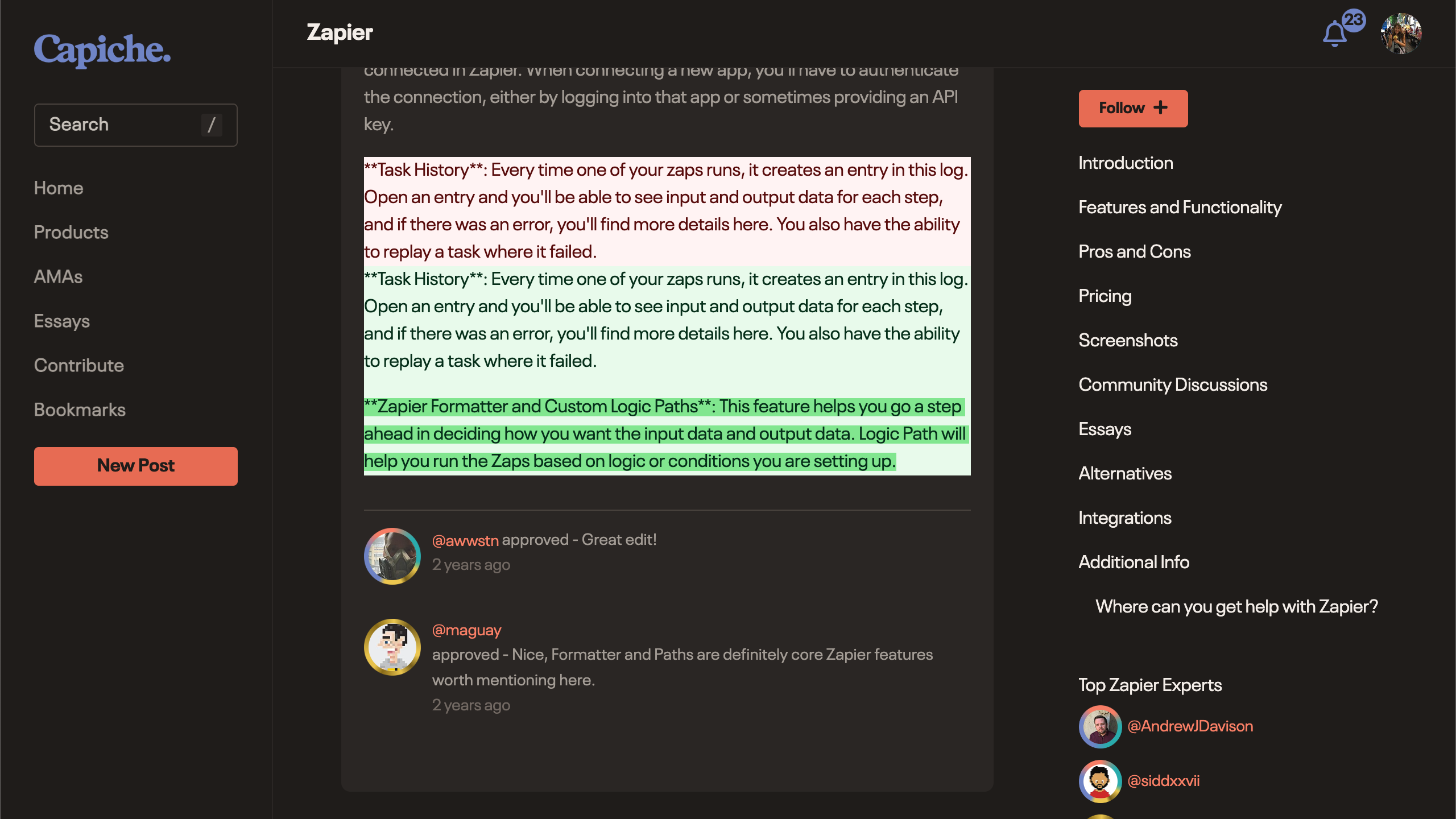 Wiki revision diff showing added and removed text with approval comments
