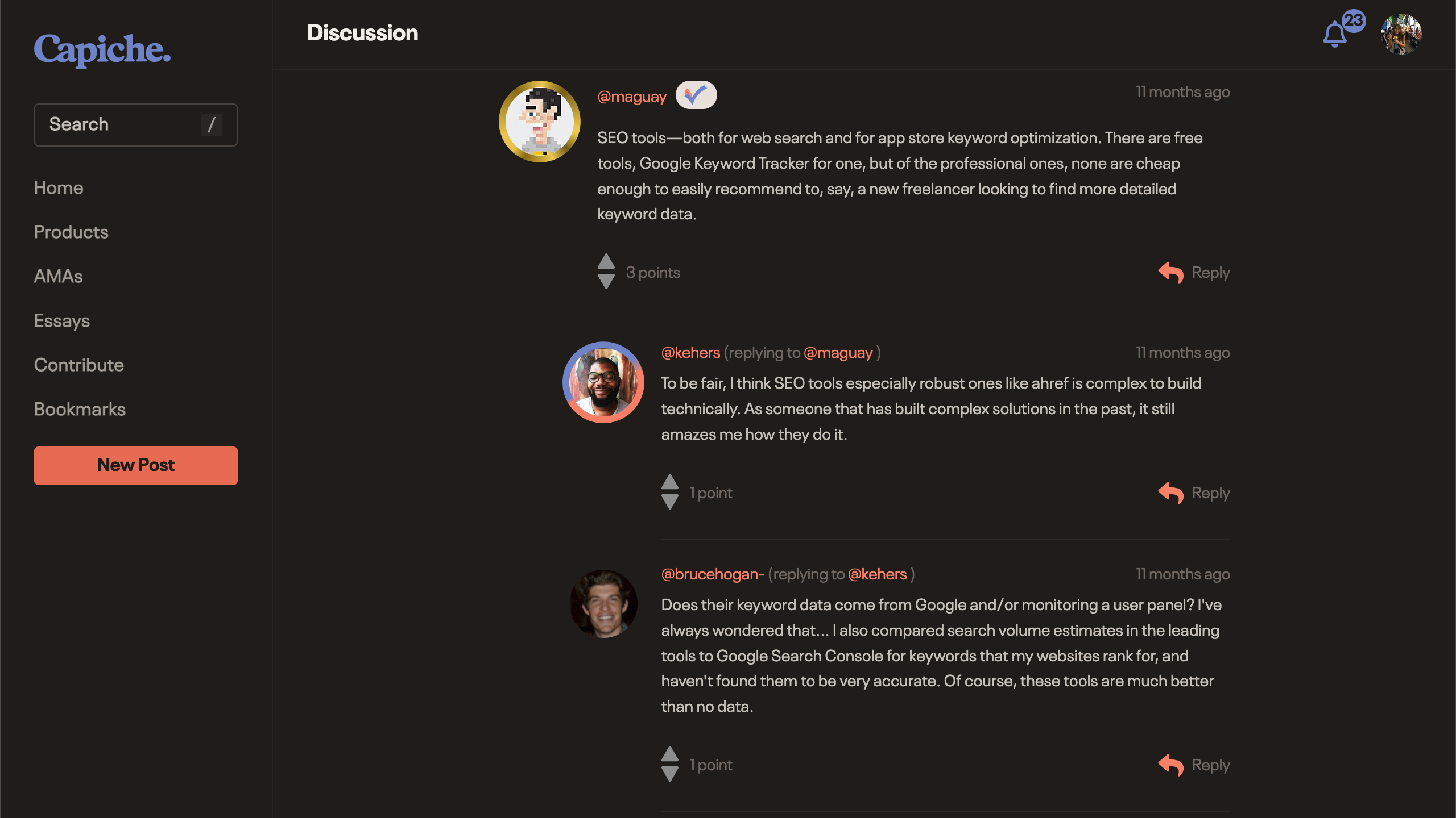 Threaded discussion with upvotes and replies