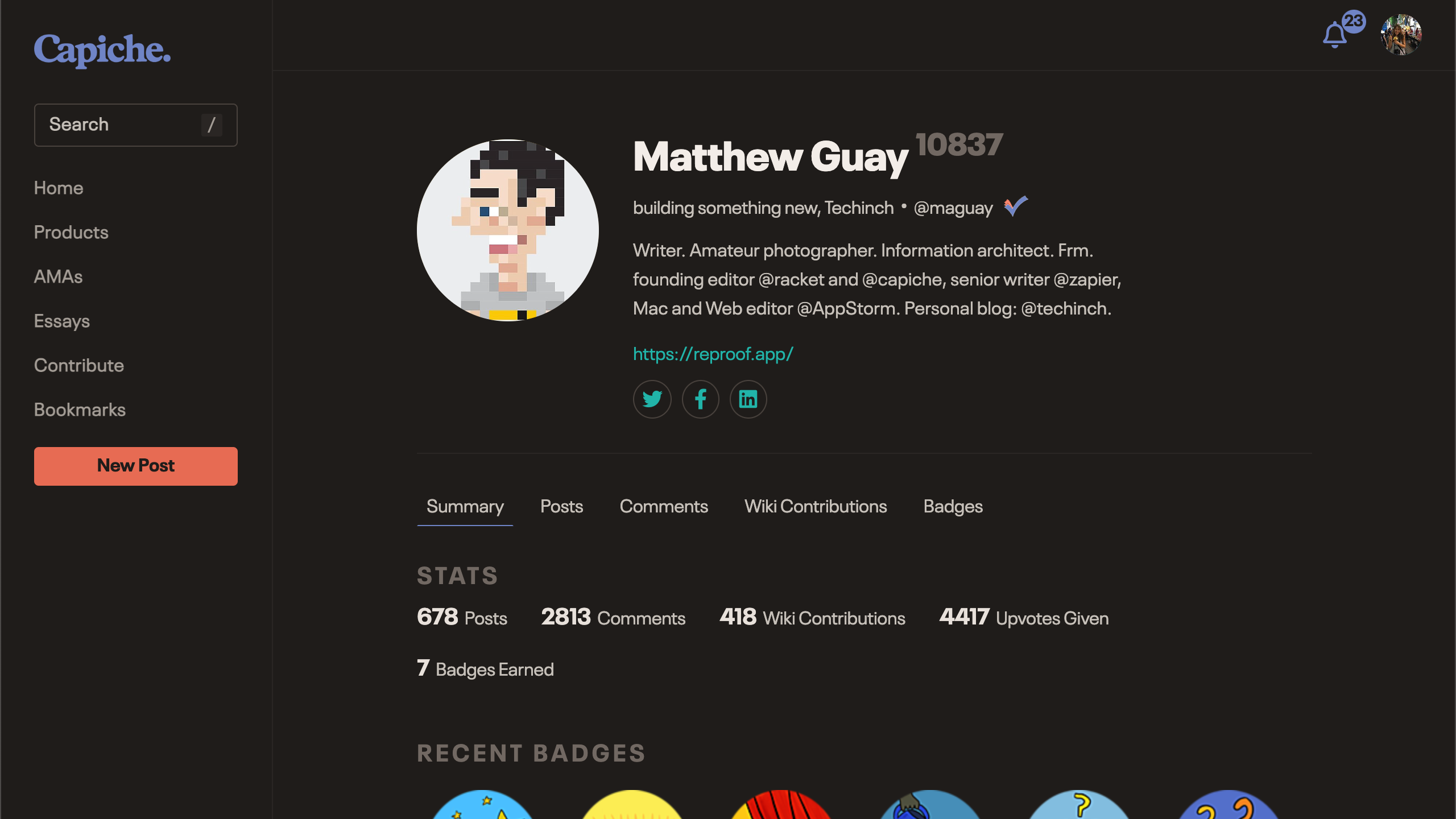 Member profile with stats, badges, and activity tabs