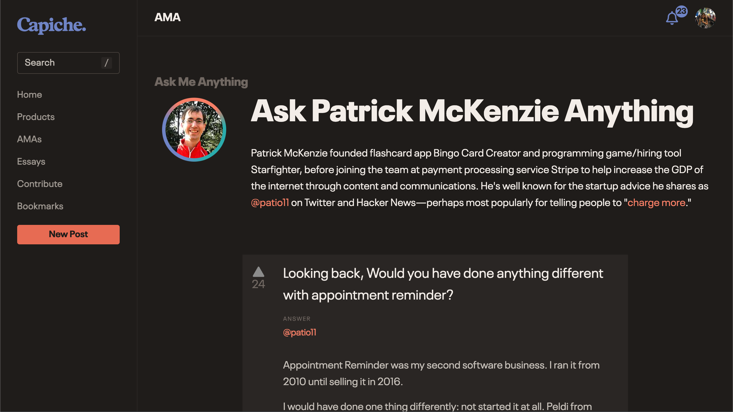 Ask Me Anything page with a featured guest and answered questions