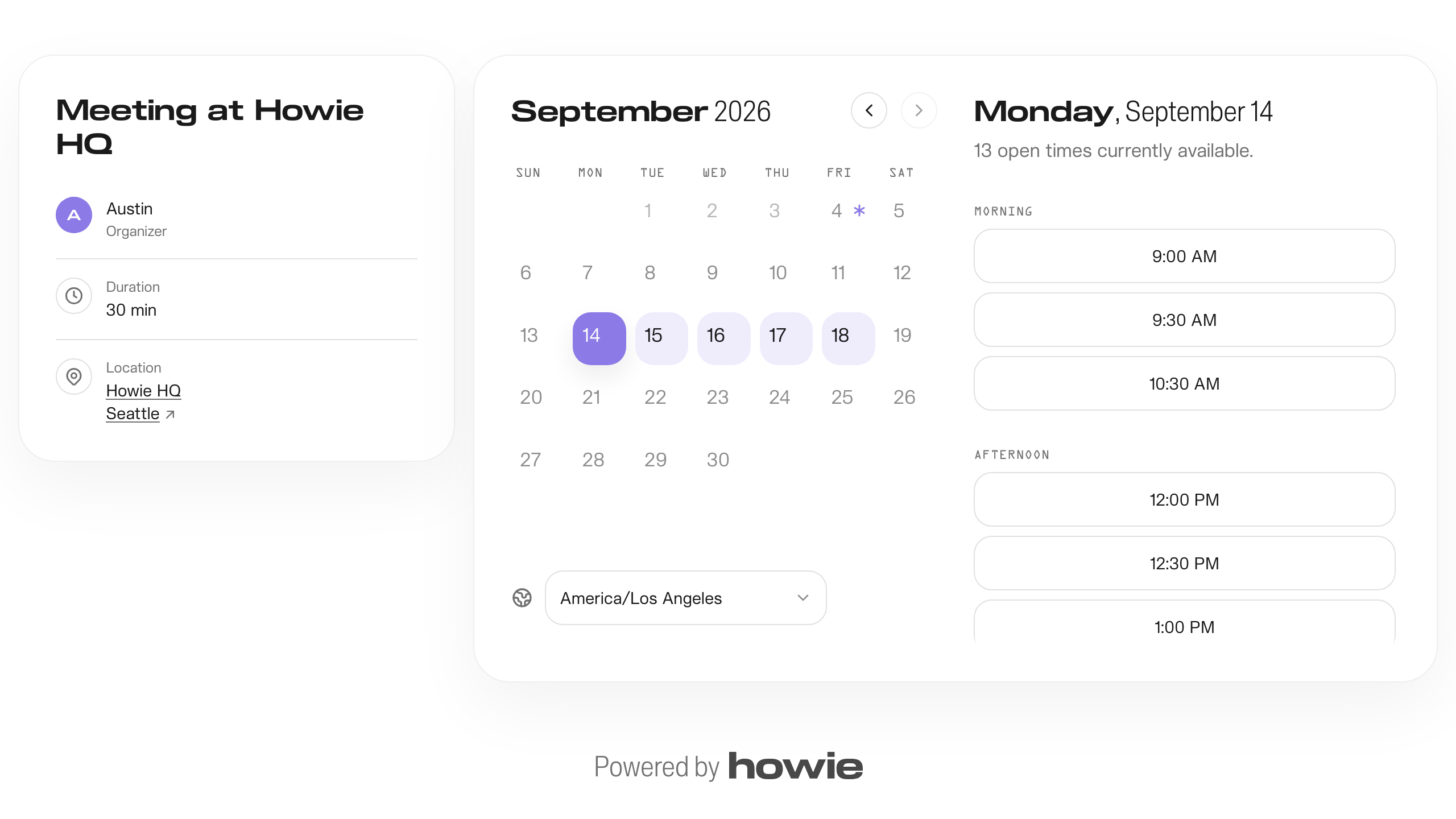 Howie booking page with a September calendar and a list of open meeting times