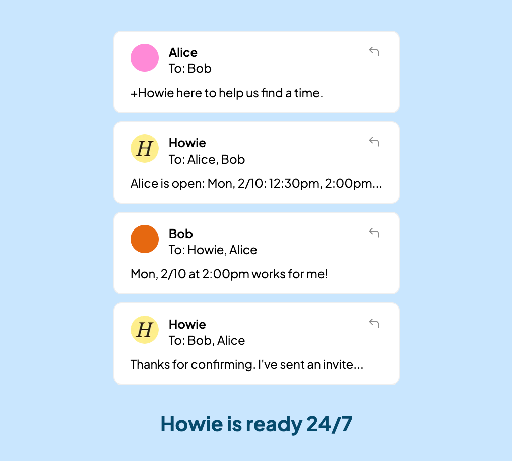 Onboarding card: an email thread where Howie finds a meeting time, captioned Howie is ready 24/7