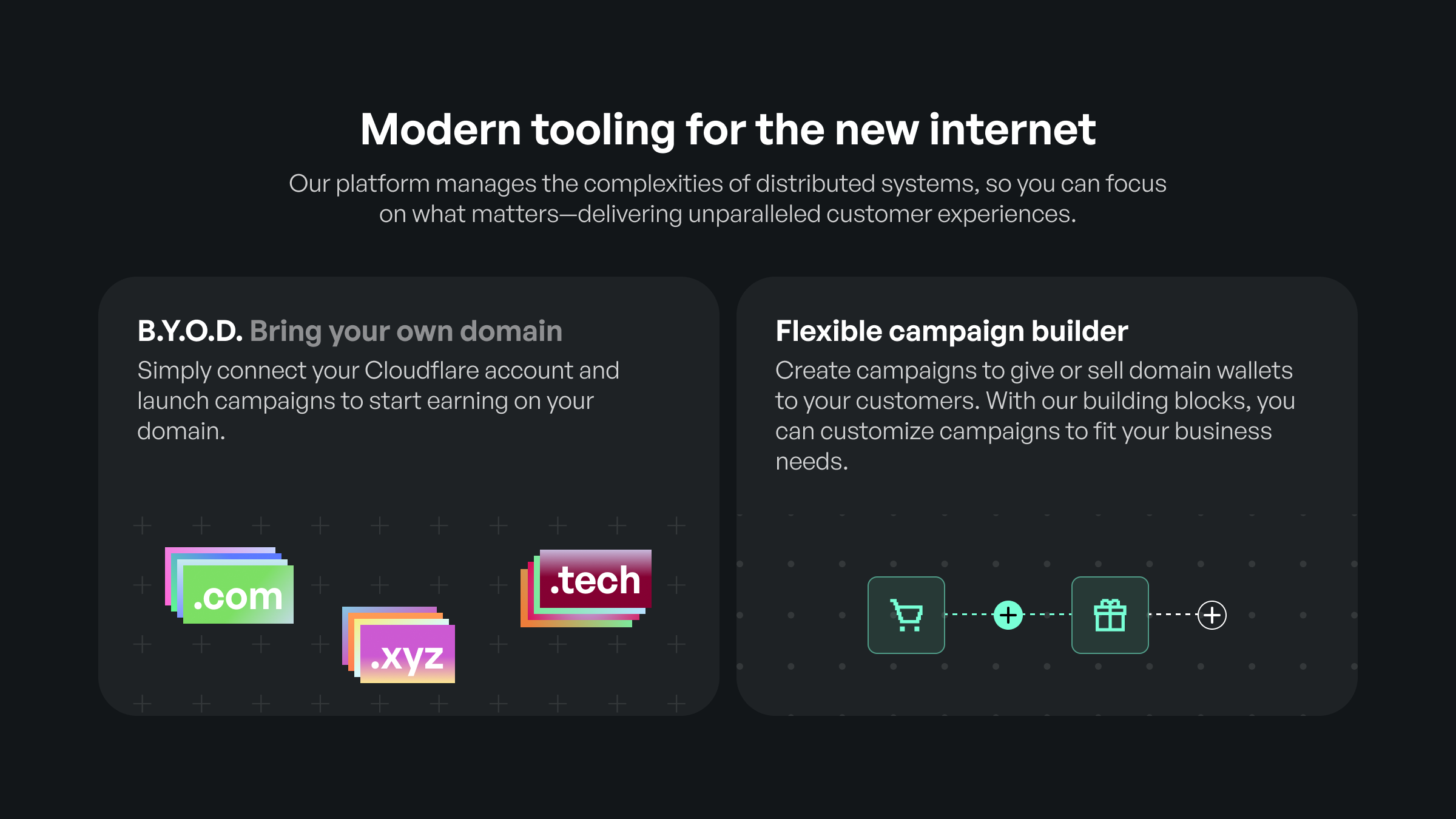 Domain wallet homepage section: bring your own domain and a flexible campaign builder