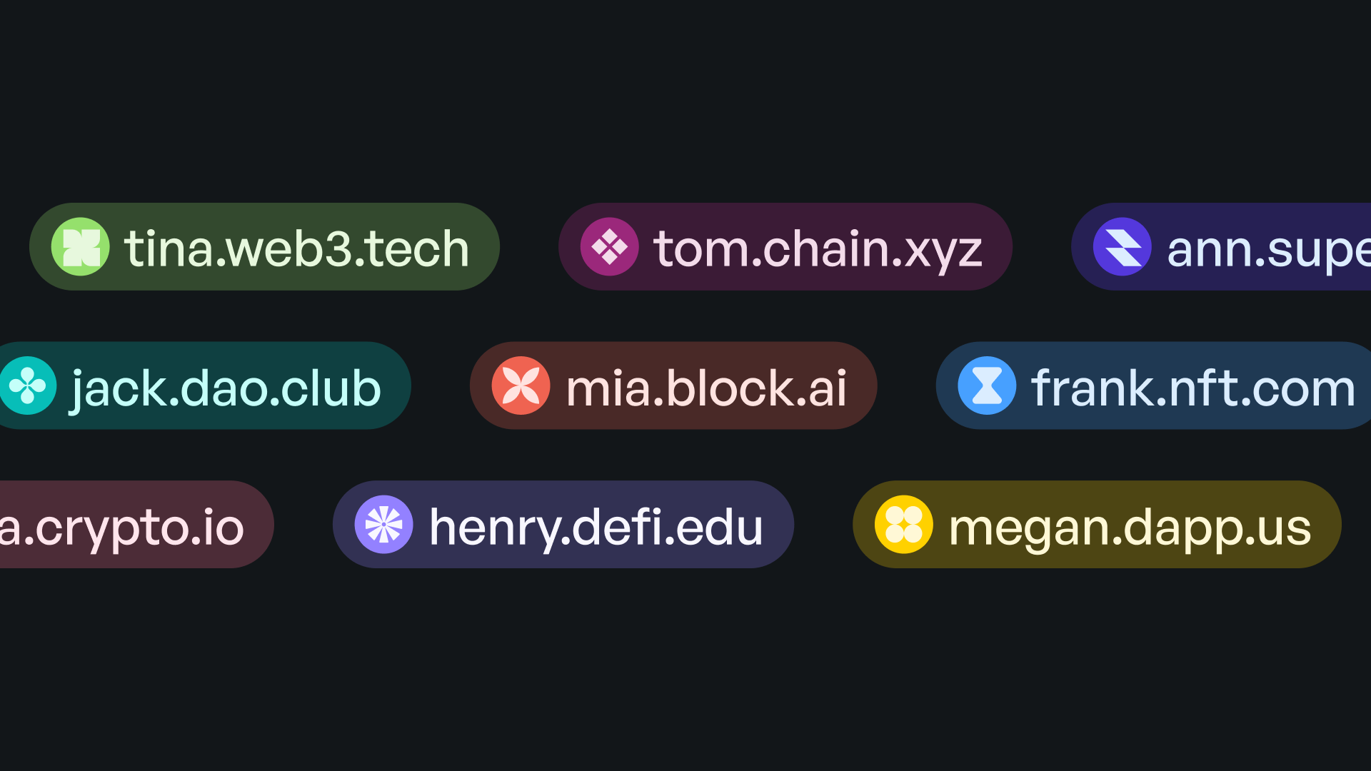 Colorful pills showing domain-linked wallet names like tina.web3.tech and jack.dao.club