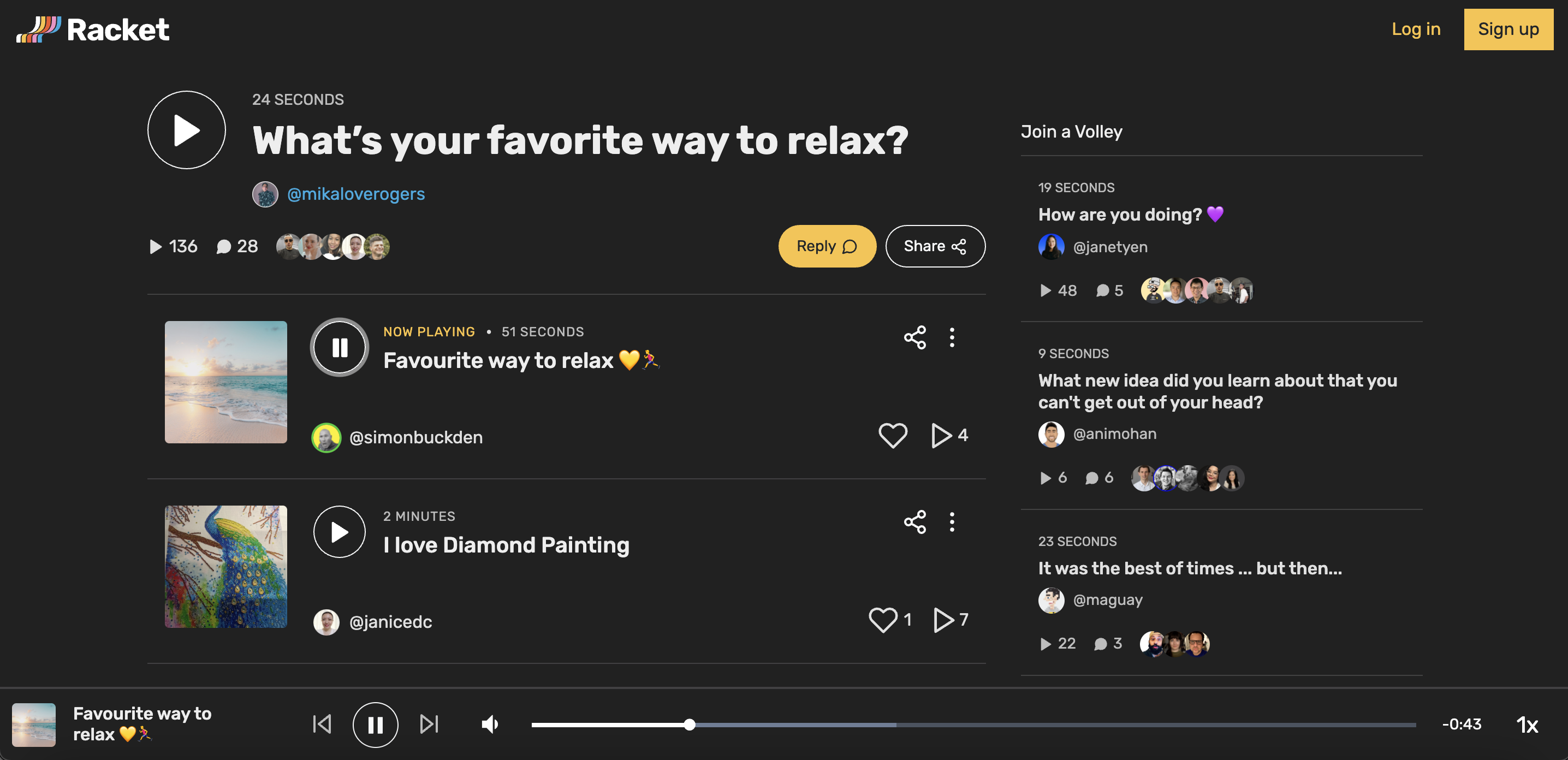 Racket audio post page with replies and a Join a Volley sidebar