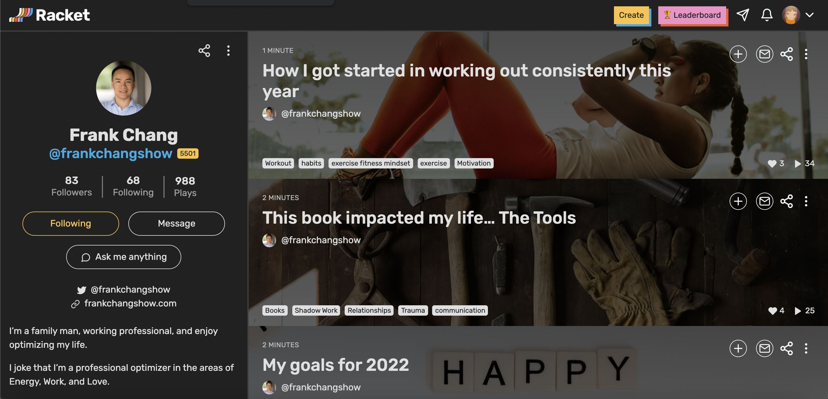 Creator profile with follower stats and a feed of audio posts