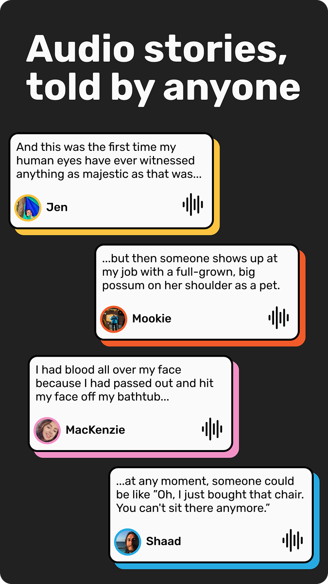 Story card: Audio stories, told by anyone, with four quoted clips