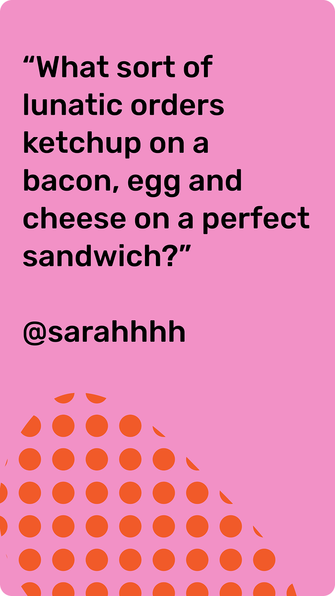 Pink story card quoting a clip about ketchup on a breakfast sandwich