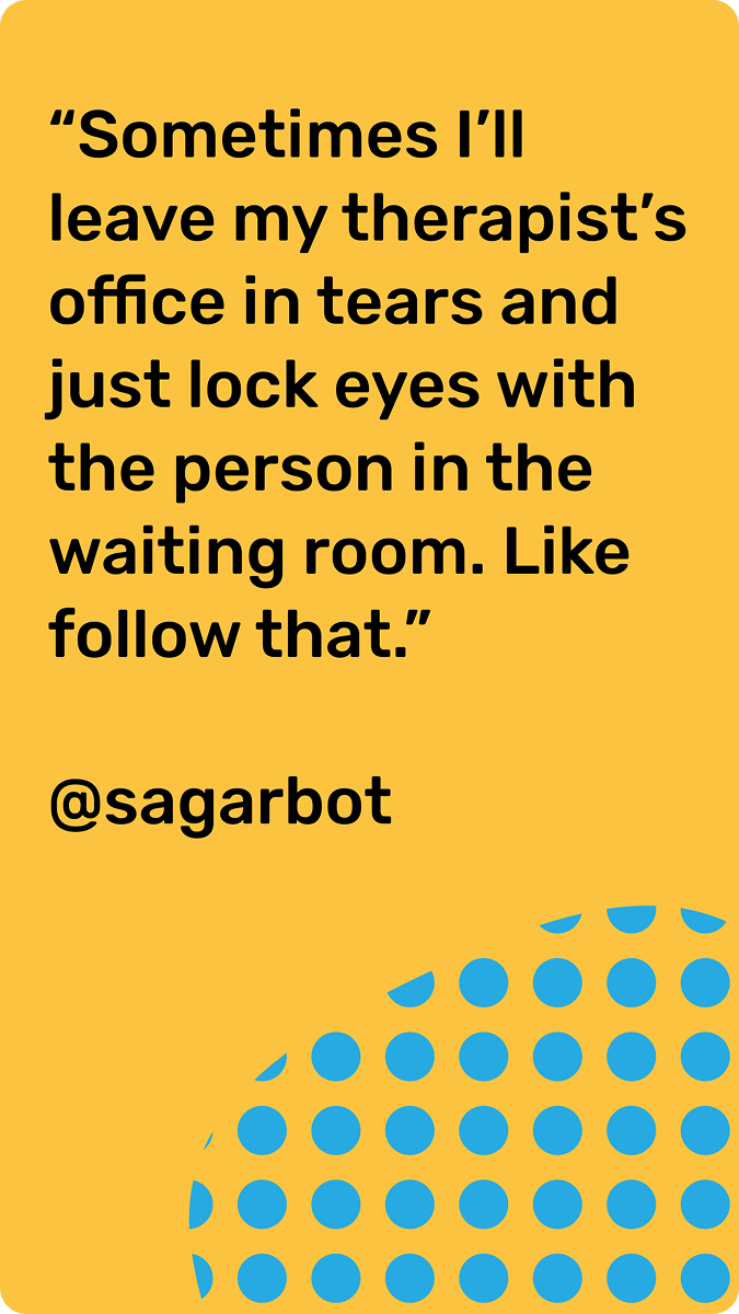 Yellow story card quoting a clip about leaving a therapist's office in tears